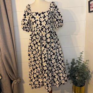 Baevely Square Neck Blue Floral Midi Dress Puff Sleeves Size Medium